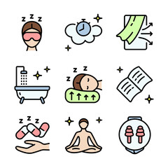 Sleep Hygiene And Wellness color icons set. Tips better sleep flat signs. Promoting relaxation and better sleep through mindful habits and routines. Isolated Vector Illustration.