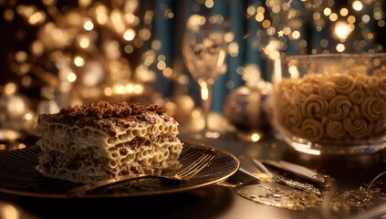 Obraz premium Festive lasagna slice on a dark plate, with Christmas ambiance