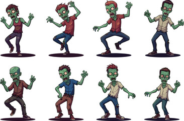 Cartoon zombies walking with creepy poses, isolated on white background, horror character set for Halloween, spooky undead illustration design