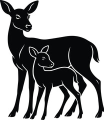 Doe with Fawn Silhouette – Mother Deer and Baby Wildlife Vector Illustration