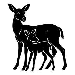 Doe with Fawn Silhouette – Mother Deer and Baby Wildlife Vector Illustration