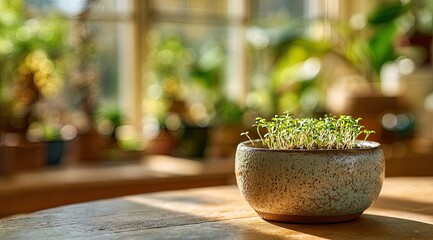 A small, light beige ceramic bowl holds a cluster of bright green microgreens, positioned on a light-brown wooden table, bathed in warm sunlight streaming through a greenhouse