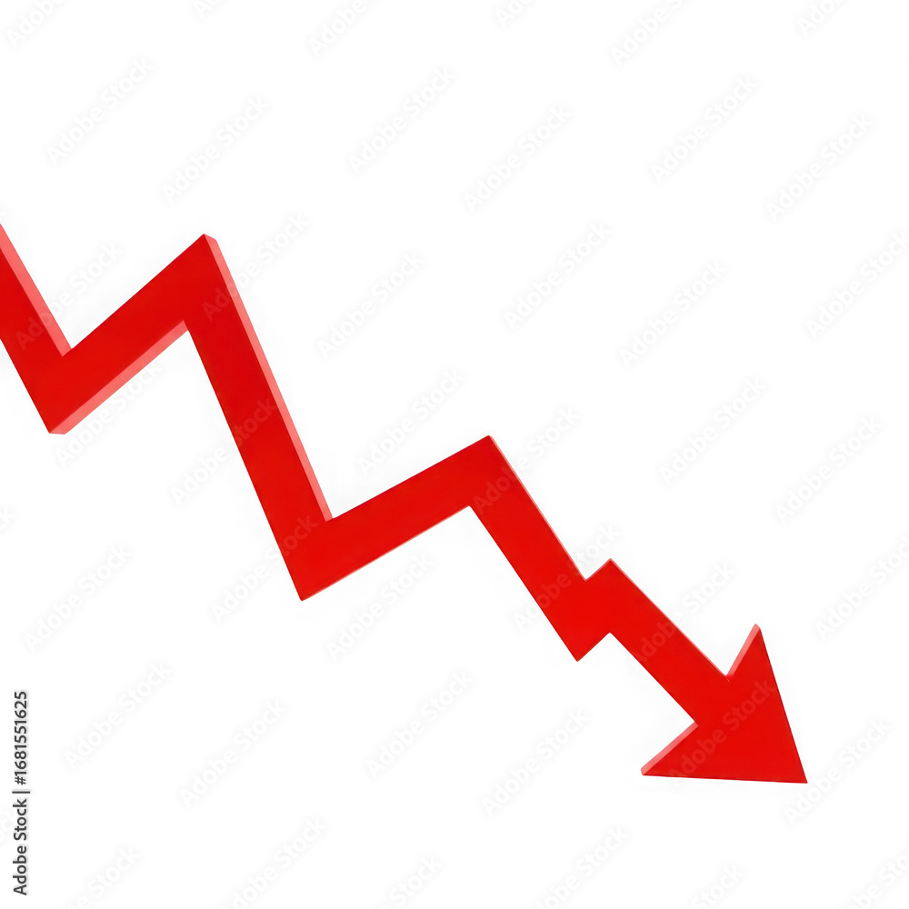 Poster sharp red zigzag arrow pointing downwards on a black background, indicating a decline or loss isolat