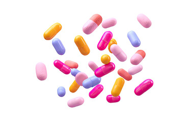 Colorful pills scattered on black background