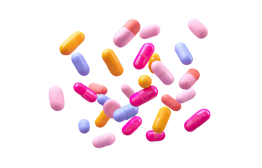 Colorful pills scattered on black background