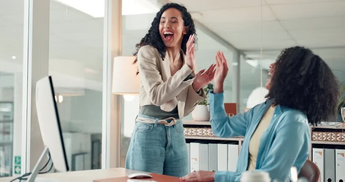 Business women, computer and high five for celebration, training and brainstorming with project planning. Manager, employee and excited for brand consultant, creative agency and proposal success