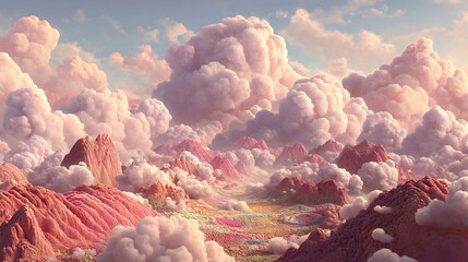 Dreamy pink landscape with fluffy clouds art print perfect for wall decor and posters