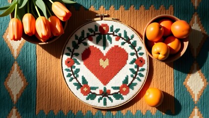 A rustic top-down flat lay on a (beautifully woven Southwestern style rug)