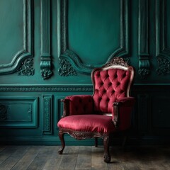 Red velvet armchair in antique room interior, low angle, ornate wall paneling, moody lighting, studio shot