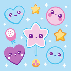 Cute kawaii characters featuring hearts stars and circles with sparkling accents