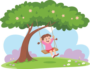 Happy girl excitedly swinging from a tree with a rope swing, enjoying fun outdoor playtime and childhood adventure.