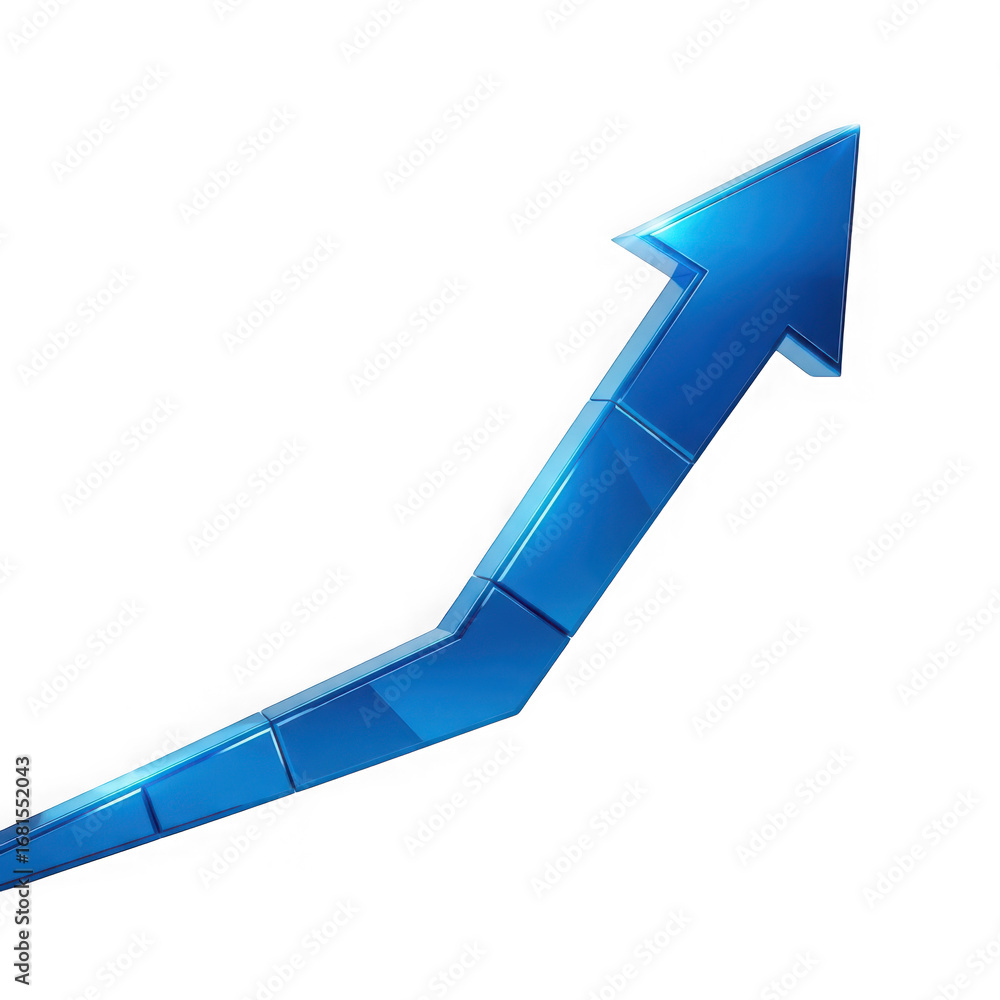 Poster shiny blue 3d arrow composed of segmented blocks pointing upwards on a black background growth isola
