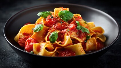 Pasta dish of linguine with tomato sauce and basil
