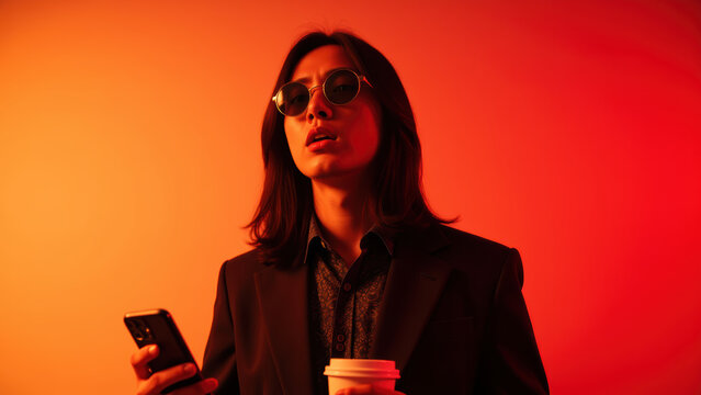 Stylish young man holding smartphone and coffee cup, wearing sunglasses, against vibrant orange background. Confident and modern vibe