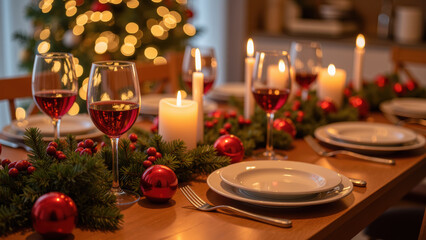 Festive dining table set for holiday celebration features red wine glasses, candles, and Christmas decorations, creating warm atmosphere