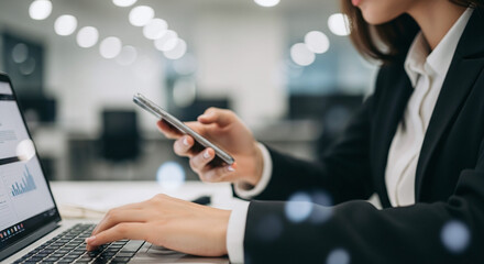 Close up, business woman working on laptop computer and using mobile phone at office.