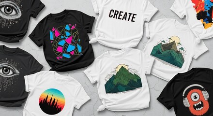 Variety of T-shirts with Diverse Graphic Designs on Grey Surface