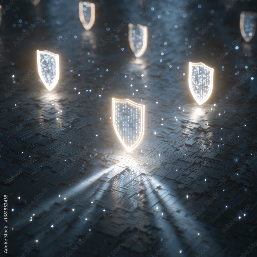 Poster digital technology abstracts showcase glowing shield symbols floating cosmic space with radiant ligh