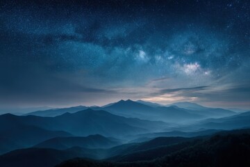 Milky Way shines over the Blue Ridge Mountains at night aerial view landscape nature photography