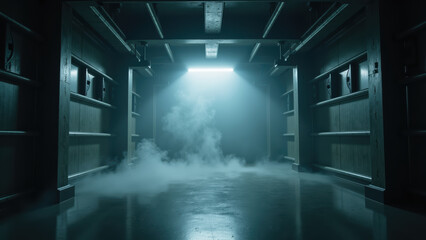 Dimly lit corridor with fog, featuring metallic shelves on either side, creates eerie atmosphere. light casts shadows, enhancing mysterious vibe