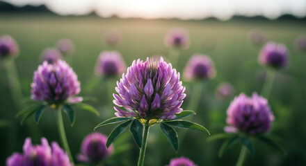 Beautiful purple clover flowers blooming in meadow at sunrise, creating a peaceful and serene springtime scene