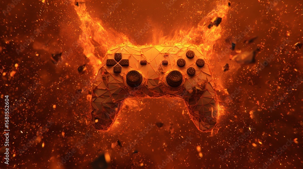 Fototapete technology digital abstracts featuring gaming controller floating in fiery orange atmosphere with pa
