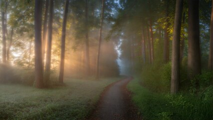 Obraz premium Winding forest path bathed in golden sunlight and mist.