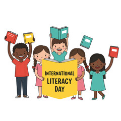 Joyful diverse group of multicultural children holding books together. A cute cartoon illustration celebrating reading, knowledge, and education for kids