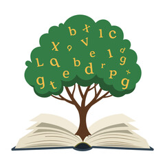 Conceptual illustration of education and imagination with a tree of letters growing out of an open book