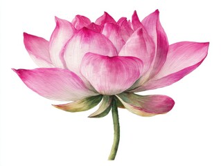 Watercolor Painting of a Pink Lotus Flower Blossom on White Background Close Up Botanical Illustration Floral Art