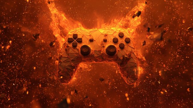 Technology digital abstracts featuring gaming controller floating in fiery orange atmosphere with particle effect and glowing ember scattered throughout composition