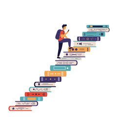 Vector illustration of a student with a backpack climbing a staircase of books. A concept of learning, knowledge, and educational growth