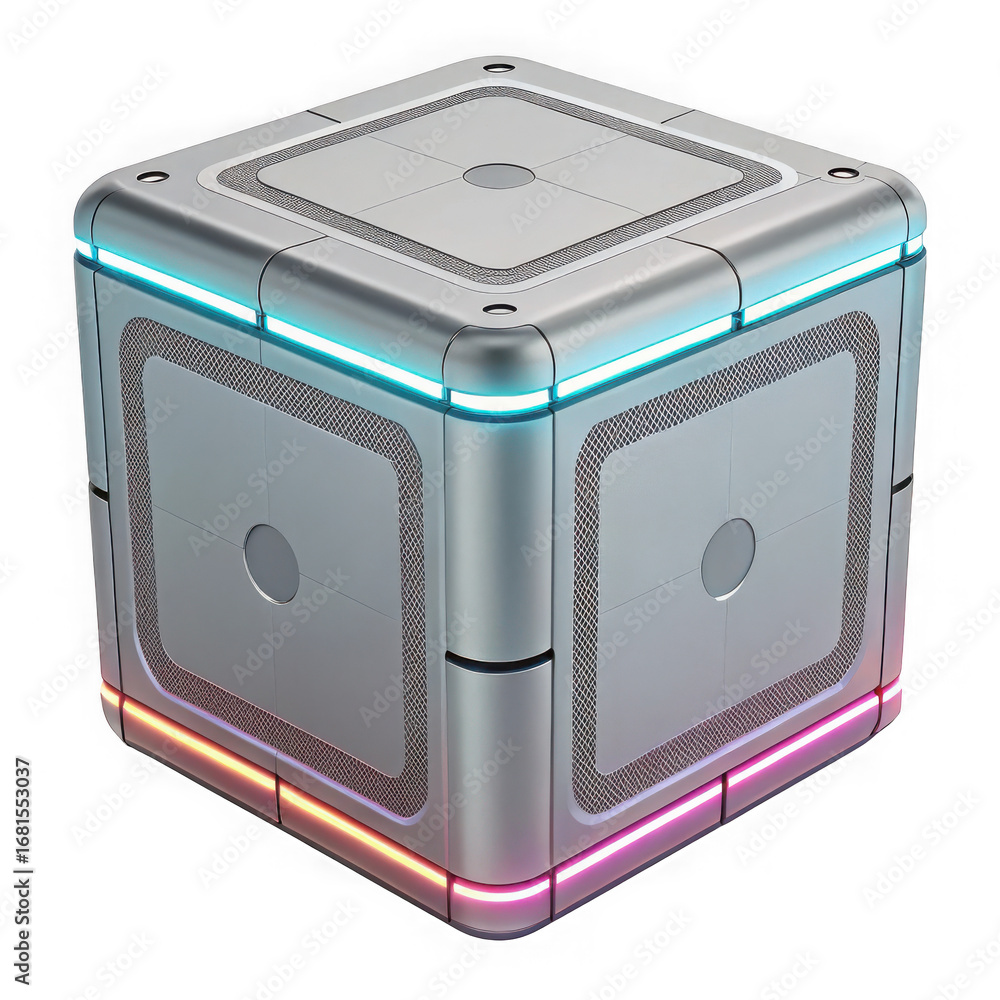 Poster futuristic illuminated cube with intricate patterns and glowing neon lights isolated on transparent 