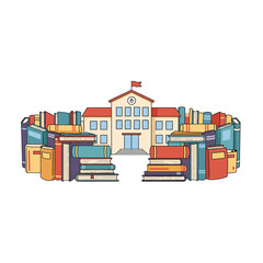 A vibrant illustration of a schoolhouse built from a library of books, symbolizing the importance of learning and knowledge in education