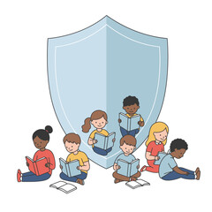 The shield of knowledge protecting a diverse group of young children reading books, a concept for safe learning, literacy, and childhood education