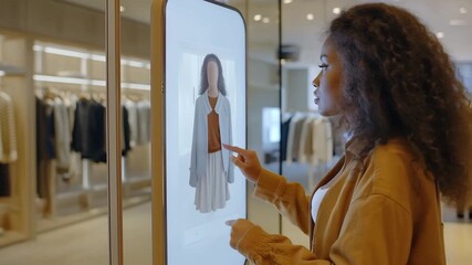 A customer woman interacts with a touchscreen display to try on virtual clothing while shopping in a contemporary retail environment - Powered by Adobe