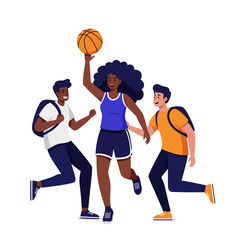 Cheerful young friends with backpacks having fun playing basketball, promoting teamwork and an active lifestyle