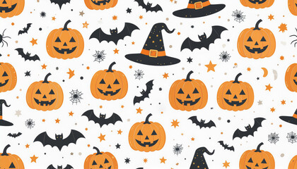 minimal seamless halloween pattern, flat icons of pumpkins, witch hats, bats, spider