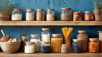 Assorted foods stored in glass jars on wooden shelves