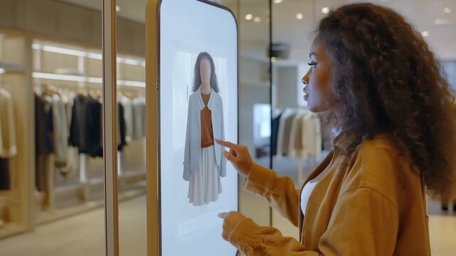 A customer woman interacts with a touchscreen display to try on virtual clothing while shopping in a contemporary retail environment