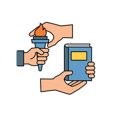 Hands exchanging a book and a lit torch, symbolizing the transfer of education, wisdom, and leadership