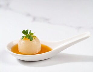Gourmet appetizer in spoon: A macro photograph, a delicious appetizer is presented on a white spoon, showcasing culinary finesse and an artistic presentation.
