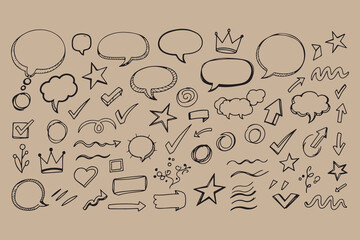 Collection of hand drawn speech bubbles and doodle elements isolated on transparent background