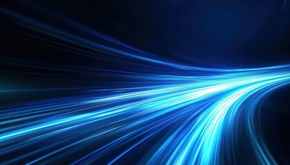 Futuristic Energy Technology: Abstract Digital Image Of Light Rays, Stripes, And Blue Light With Speed And Motion Blur On Dark Blue Background.