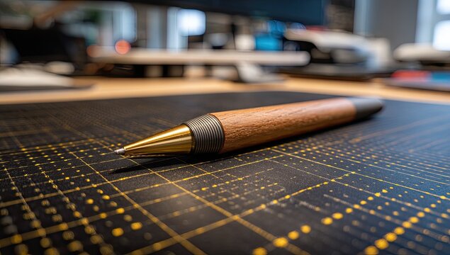 Close-up of a pen on a cutting mat. Wooden-bodied pen, gold tip, dark gray accents. Focused pen, blurred background. Office workspace