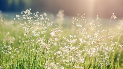 Serene natural landscape with blooming white flowers, vibrant green grass, warm sunlight filtering through,