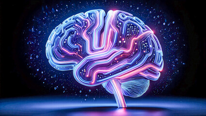 Abstract Neon Brain: Futuristic AI, Neural Network, Digital Mind, Cybernetic Consciousness, Glowing Circuitry, High-Tech Concept.

