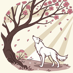 A lone wolf stands beneath a blossoming cherry tree, its petals falling gently in the soft light, creating a serene and enchanting spring scene