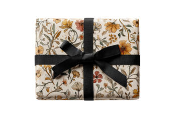 Gift box with floral wrapping paper and black ribbon
