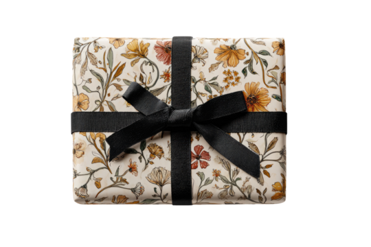 Gift box with floral wrapping paper and black ribbon - Powered by Adobe